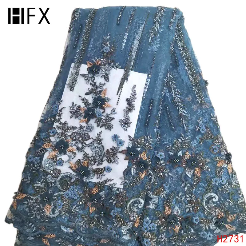 

HFX 3d flower beaded fabric nigerian wedding dress lace 2019 french luxury embroidered tulle fabric with beads bavy Blue H2731