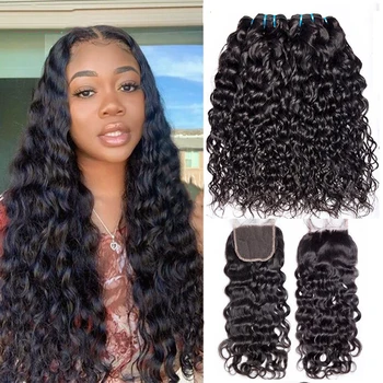 

Admutty Brazilian Remy Hair Water Wave Bundles With Closure Natural Color Double Weft Bundles Extension With Swiss Lace Closure