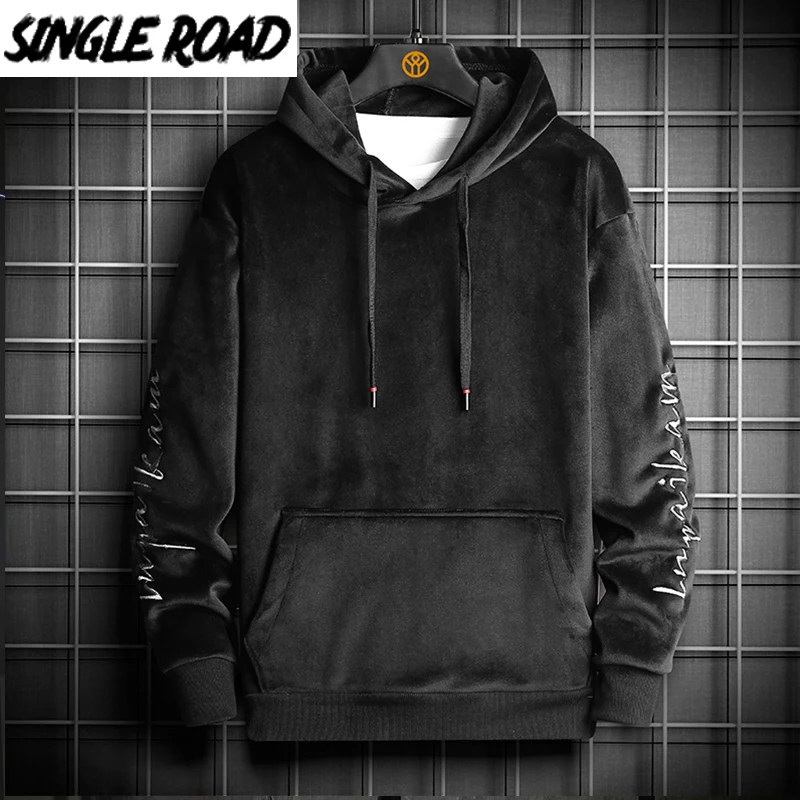 Velvet Sweatshirt Black Hoodie Oversized Japanese Streetwear Harajuku Winter Men Single-Road