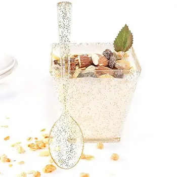 

50Sets Square Small Dessert Cups with Mini Tasting Spoons 2oz Disposable Gold Glitter Dessert Plastic Bowls Kichen Food Storage