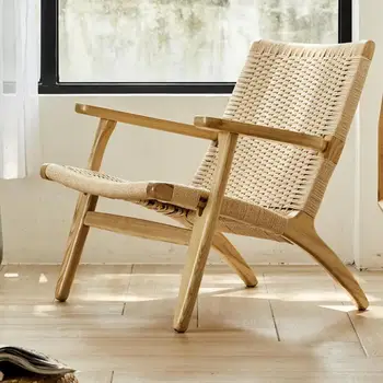 

254 Designer Rattan Chair Simple Balcony Solid Wood Leisure Chair Household Nordic Single Sofa Chair Backrest Chair