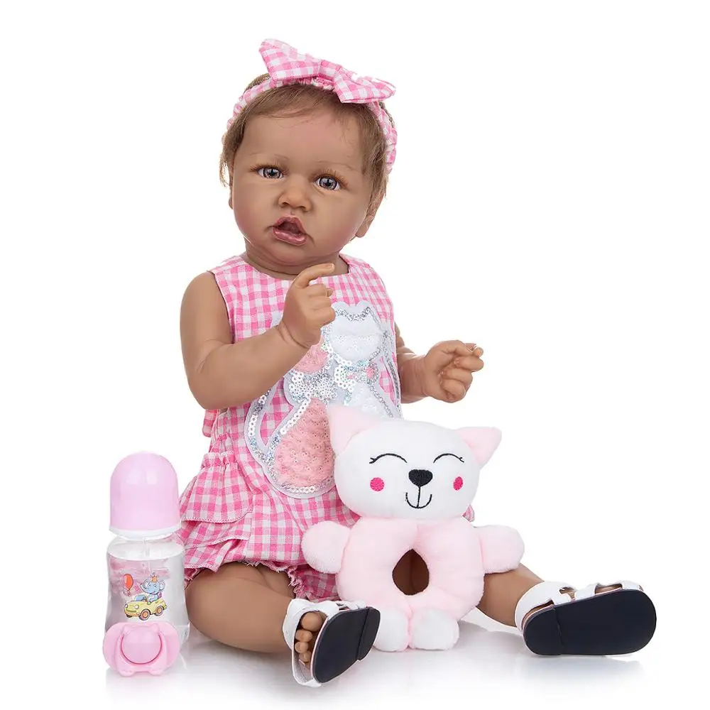 US $52.33 Keiumi 23 Inch Lifelike Reborn Baby Doll All Silicone Tan Skin 57cm Lovely Baby Girl Doll For Childrens Gifts Christmas Present