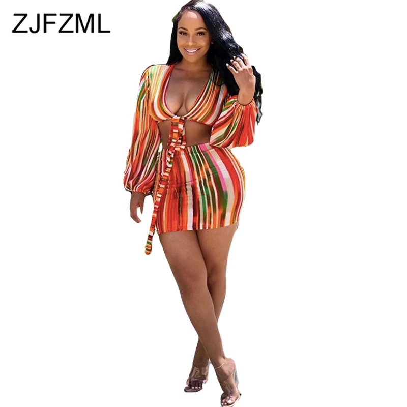 

Colorful Stripes Sexy 2 Piece Outfits for Women Deep V Neck Long Sleeve Tie Up Crop Tops and Mini Bandage Skirts Beach Tracksuit