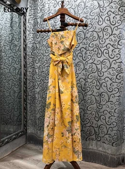 

100%Linen Long Dress 2020 Autumn Style Women Spaghetti Strap Yellow Floral Print Hollow Out Sexy Casual Long Beach Dress Vestido