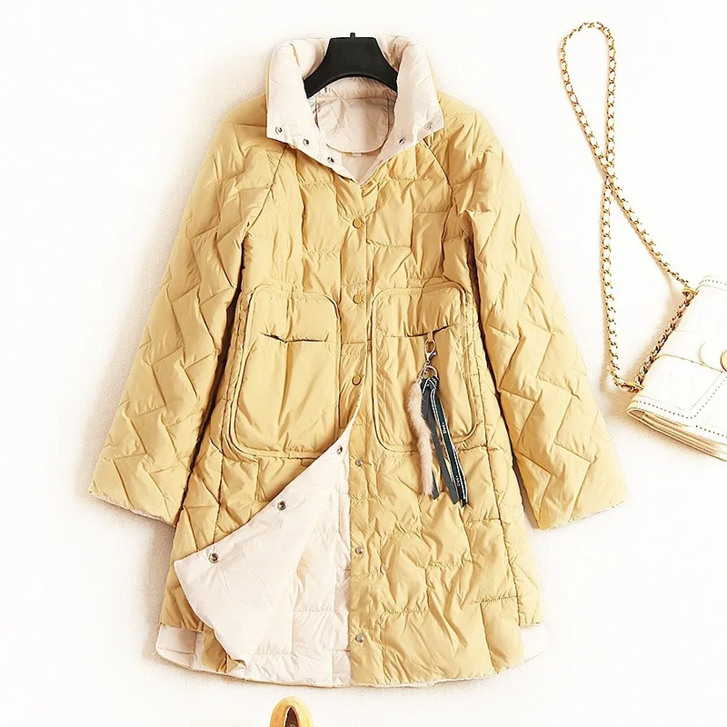 

Shuchan Thin Winter Down Jacket Women 90% White Duck Down Covered Button Pockets Autumn Winter Coats and Jackets yellow