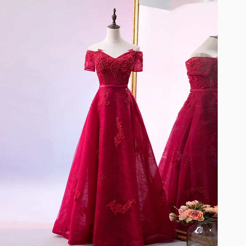 burgundy It's Yiya вечернее платье вырез лодочкой с открытыми плечами цветочный принт элегантное бальное платье Цветы бисерное платье для торжеств плюс размер E1005 - Цвет: burgundy