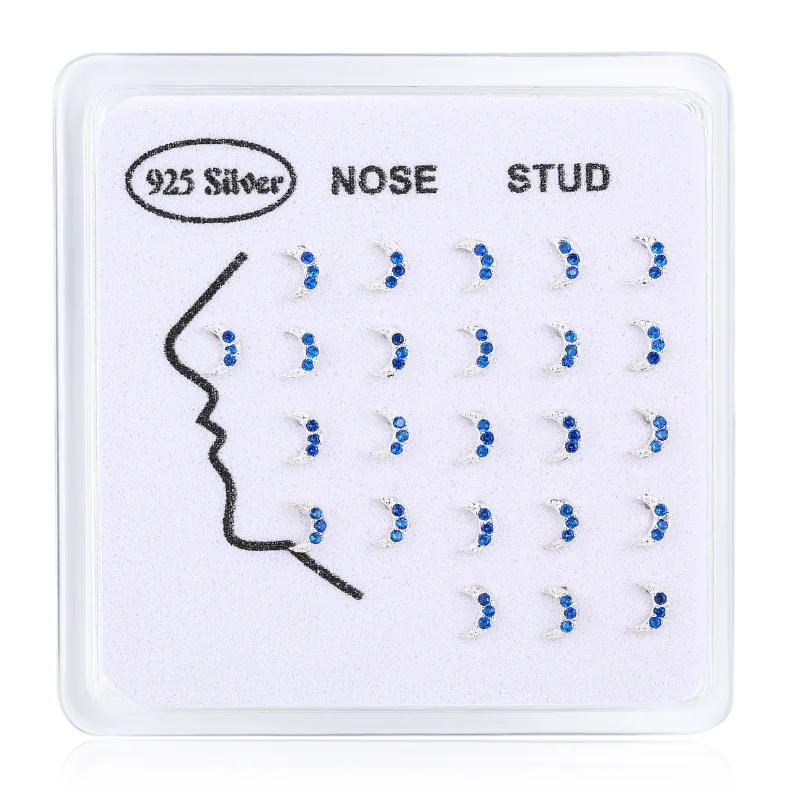 

24pcs/set 925 Sterling silver tiny moon clear cz zircon nose stud nose piercing body jewelry for women red corundum cyanite