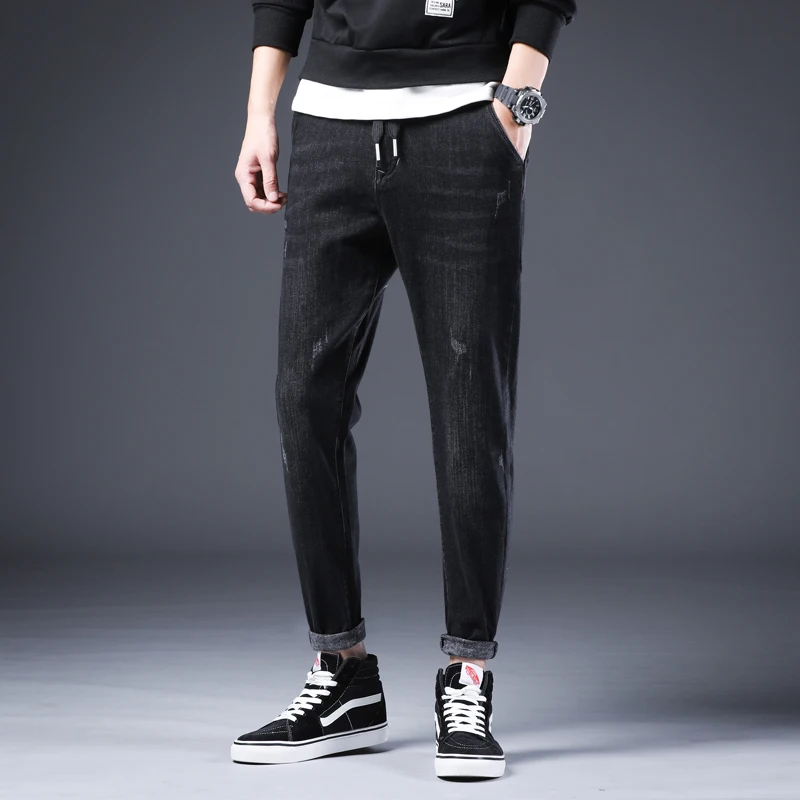 Blog Top Quality 2019 Fashion Stretch Spring Men Jeans Elasticated belt Hot Selling Male Trousers Ankle pants black Slim-fit pants