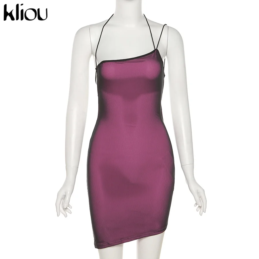 Kliou Mesh Halter Tie Up Baddie Dresses For Women 2021 Summer Casual Street Style Sexy Backless Sleeveless Mini Dress Female Hot business casual women