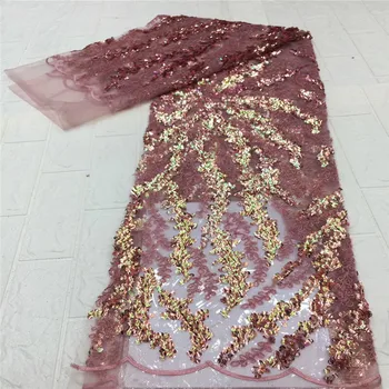 

2020 Latest African Dry Lace Fabric With Sequins pink/gold French Lace Fabric Embroidery Nigerian Tulle Lace For Party Dress