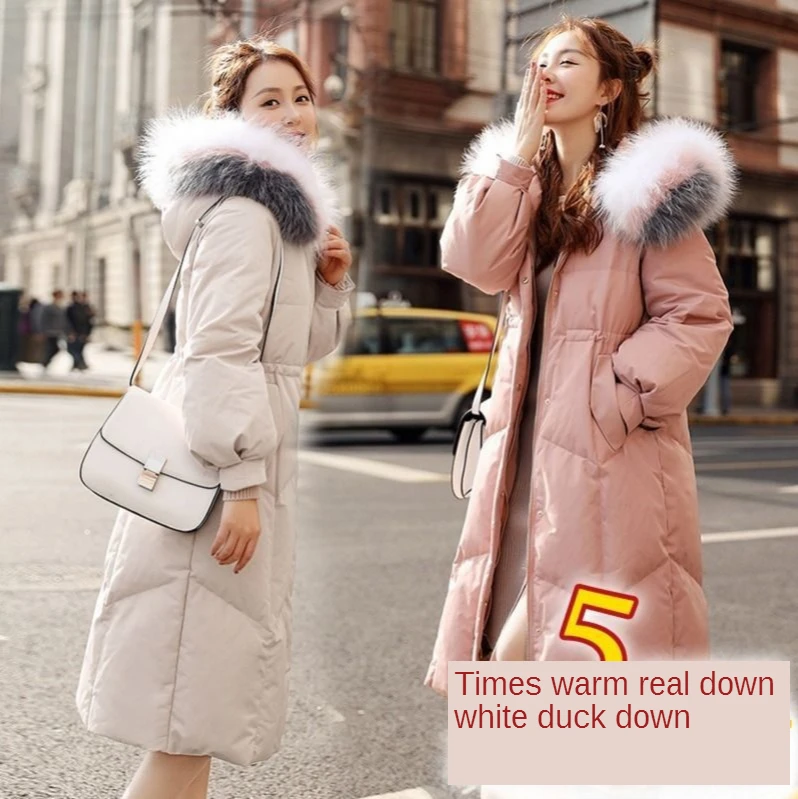 Chaqueta de plumas de ganso con cuello de piel grande mujer, ropa de algodón blanco de longitud de plumón de pato, nueva moda|Chaquetas de plumón| - AliExpress