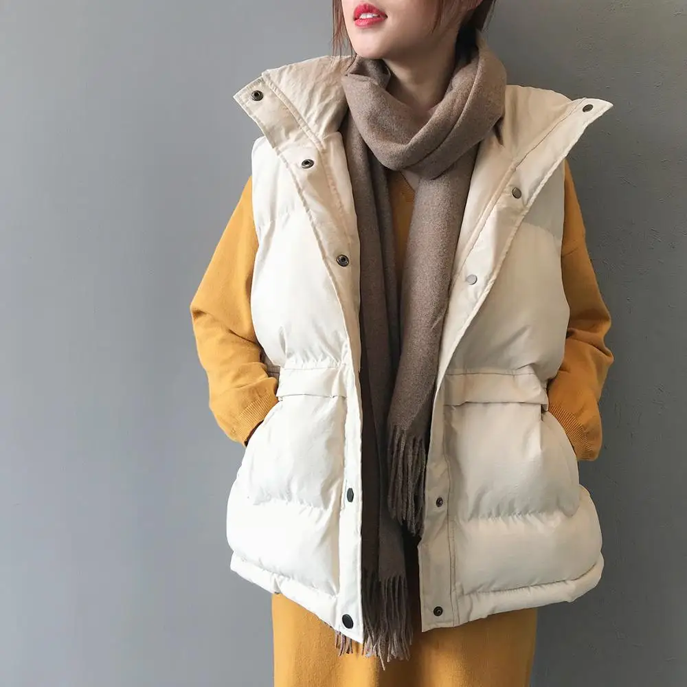 

2020 Sleeveless Vest Woman Covered Button Winter Warm Streetwear Casual Outwear Coat Black Beige Female WaistCoat Mujer Parkas