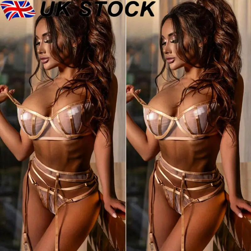 

Women Sexy Lingerie 3PCS Set Open Bust Bra G-string Skirt Garter Belt Suit