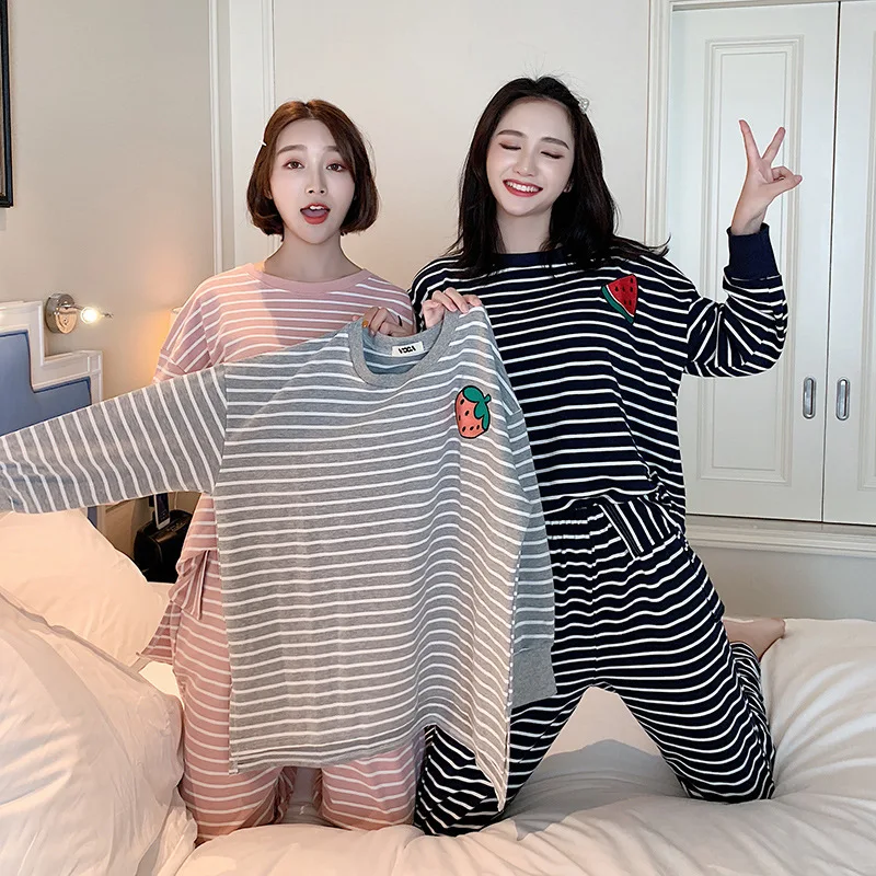 

Pajamas Women Long Sleeve Set Deep Blue Stripes Fruit Set M-XXL 3 PCs Color
