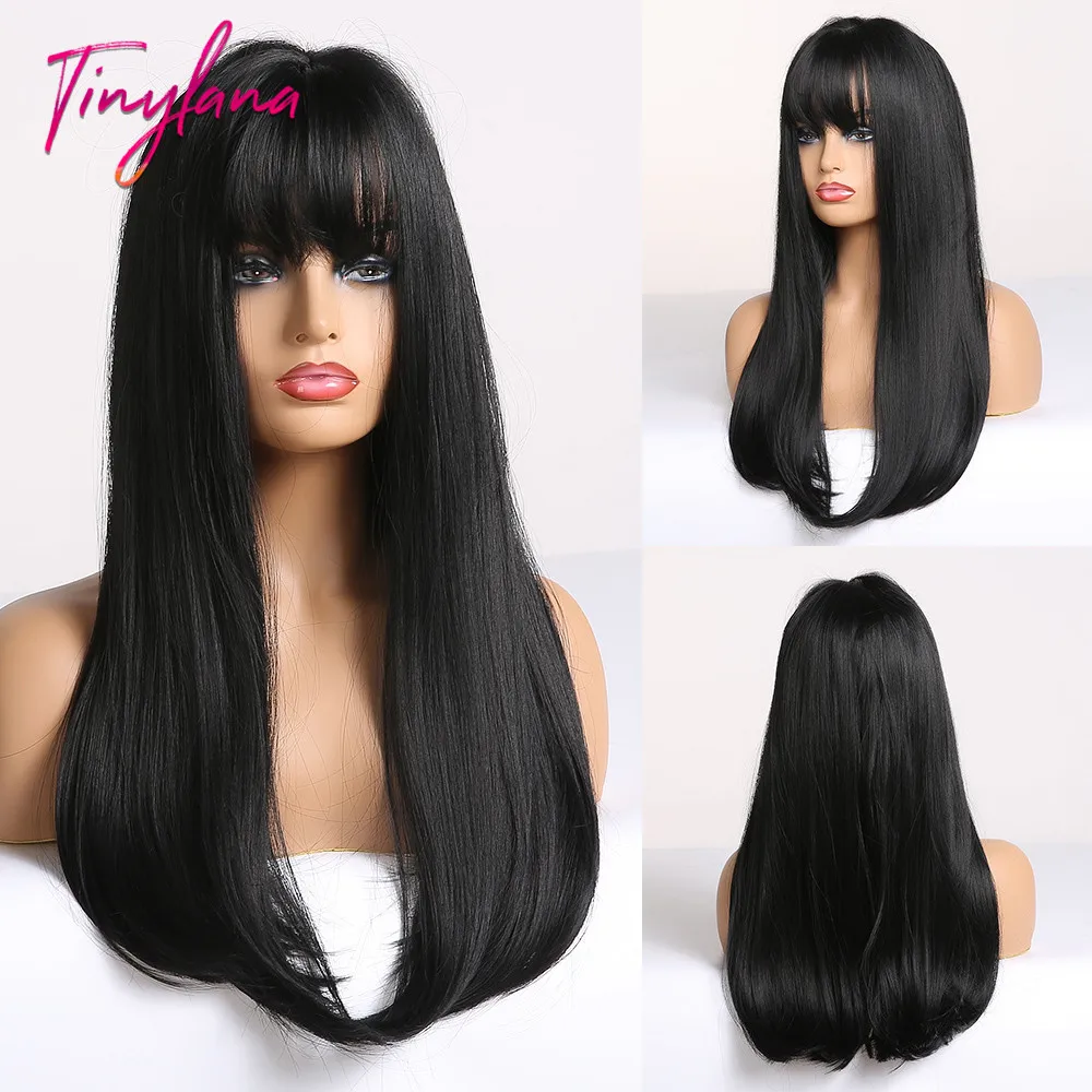 

TINY LANA Black/Brown Straight Bob Synthetic Wigs with Bangs for African American Medium Length Bob Hairstyle Heat Resistant