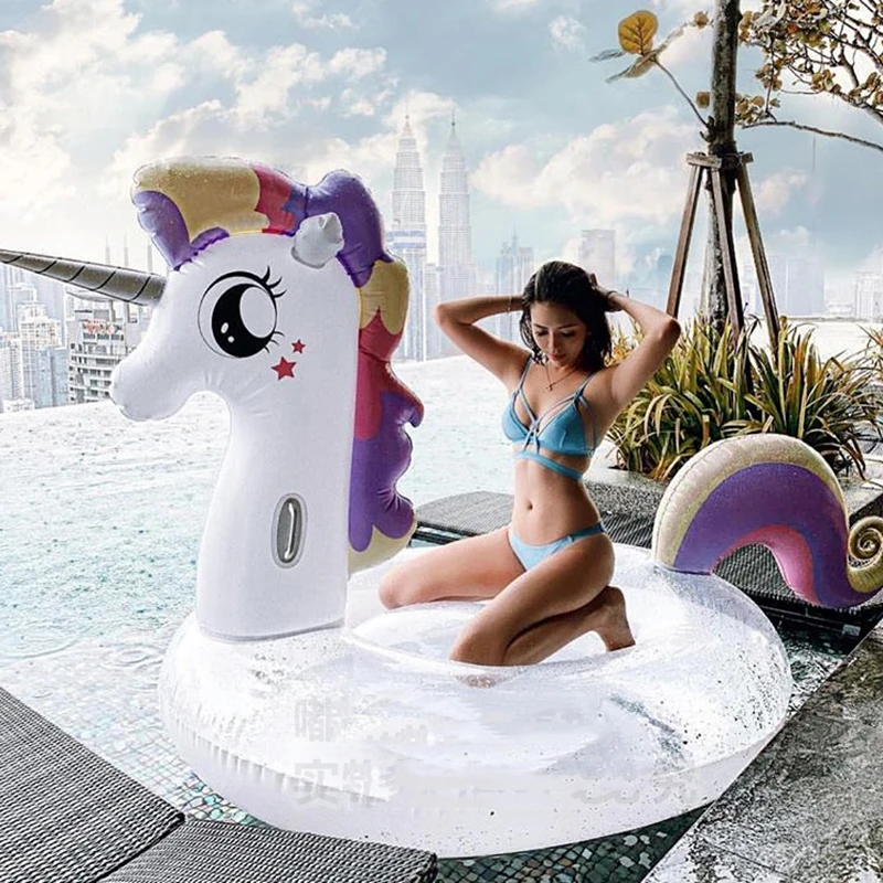 

Giant Colorful Glitter Unicorn Pool Float Sequins Inflatable Rainbow Pegasus Swimming Ring Sunbathing Lounger Water Toys Adult
