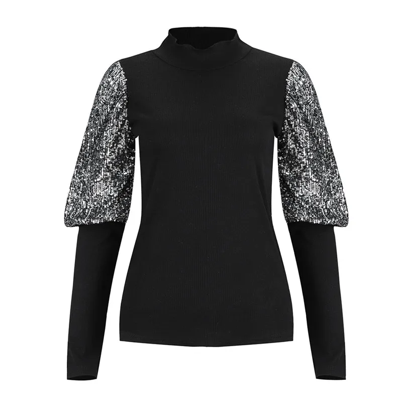 Black Wuhaobo Gray Black Red Fashion Shine Sequins Tops T Shirt Women Sexy Broad Sleeve O Neck Slim Tee Shirts - Цвет: Black