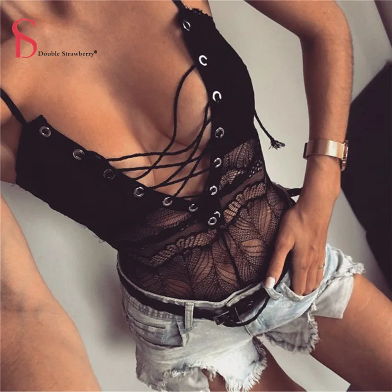 Double Strawberry Deep V-Neck Eyeglass Lace-Up Lace Sexy Jumpsuit Romper Summer Women's Hollow Out Streetwear Skinny Bodysuits | Женская