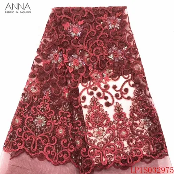 

Anna wine red french sequins lace fabric 2020 high quality embroidered tulle fabrics 5 yards/piece african net laces for sewing