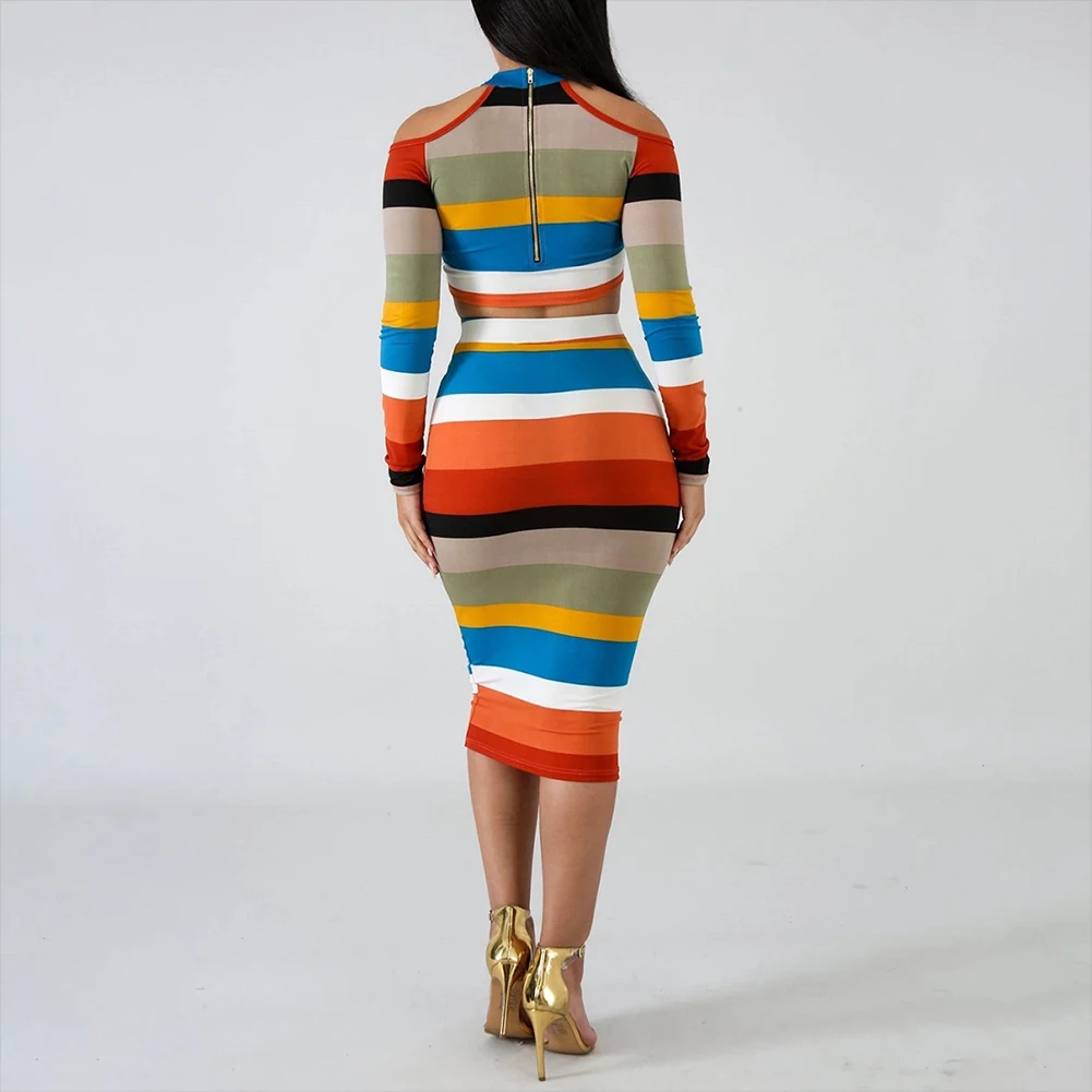 bohisen NEW 2019 Long Sleeve Knitted Leaky shoulder Sweaters Dresses Autumn Winter Casual Sexy Sweaters top and skirt suit
