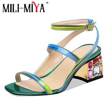 

MILI-MIYA Fashion Women Sandals Genuine Leather Square Toe Buckle Strap Square Heels Crystal Party Shoes For Ladies Big Size 41