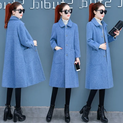 Blue Женское шерстяное пальто, Осень-зима, корейская мода, искусственная норка, кашемир, тонкая женская одежда, толстое теплое длинное шерстяное пальто, женские пальто - Цвет: Blue