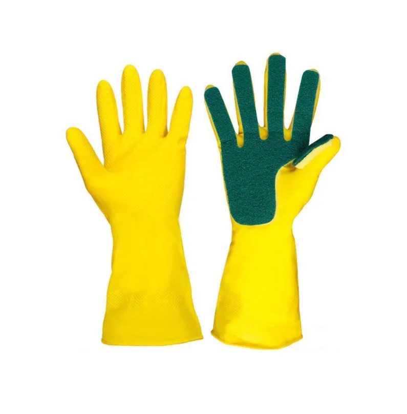 T2172 Household Kitchen Cleaning Latex Gloves with Scouring Pad Wash Dishes Gloves Hand Guard Waterproof Rubber Gloves