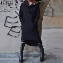 ZANZEA Осень фуфайки, женские толстовки с длинным рукавом Vestido повседневное с капюшоном асимметричный подол флисовый пуловер Толстовка Платье