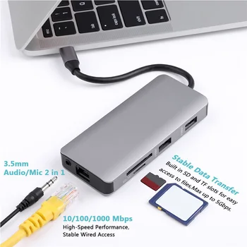 

Video Audio Port Adapter Power Output PD3.0 HDMI VGA Grey 9 In 1 1000Mbps USB C Hub Cable Concentrator RJ 45 Card Reader