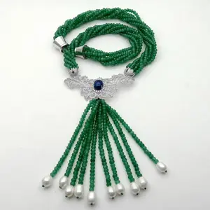 6 Strands Green Jade Necklace CZ White Pearl Pendant 20