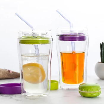 

Glass Water Bottle Cup with Straw Lid Summer Portable Milk Juice Drink Coffee Tea Beer Home Travel Cups Creative Double Design