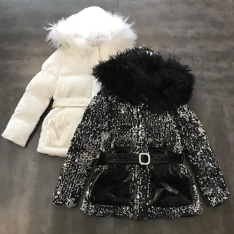 

2019 Winter Jacket Women New Real Lamb Collar Hooded Covered with Sequined Belt Waist Warm Padded Women's Parka Women Jacket