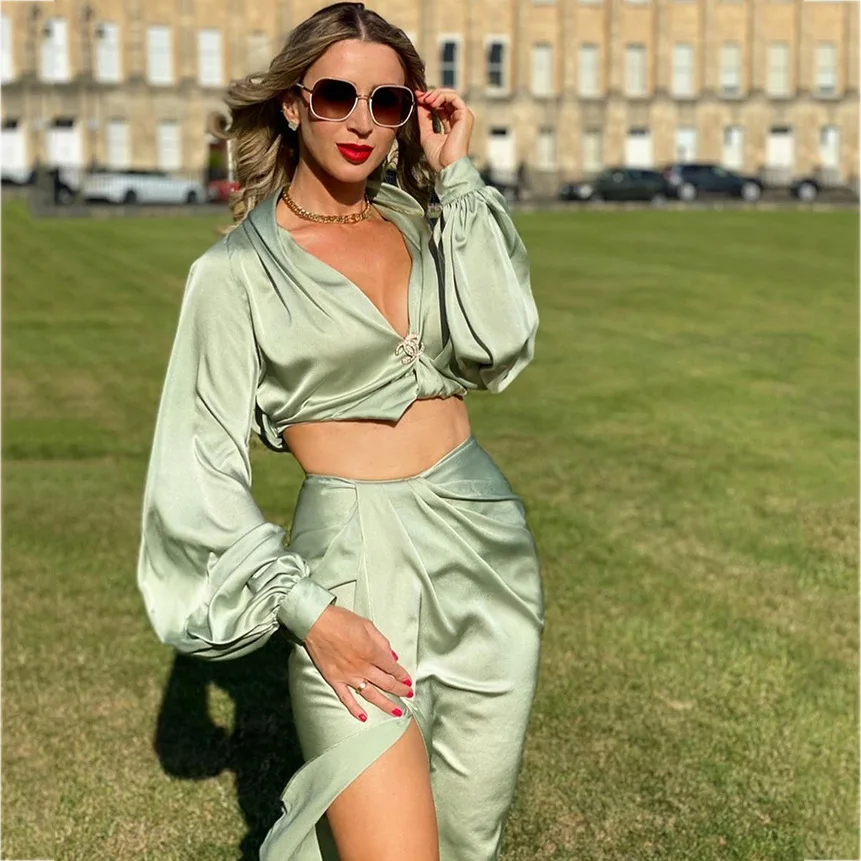 

Sexy Satin Two Piece Set Women Spring Autumn Long Lantern Sleeve Crop Top High Split Long Skirts 2 Piece Set Green Party Clothes