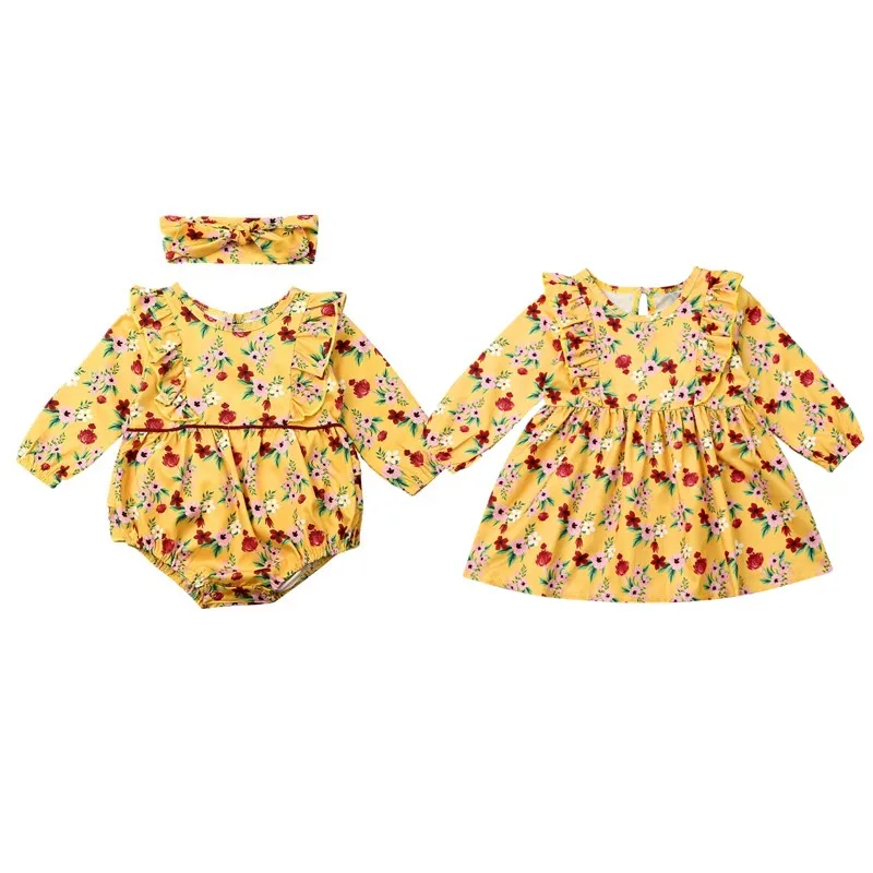 

Cute Toddler Kids Baby Girl Clothes Sister Matching Floral Long Sleeve Bodysuit Dress Outfits Set