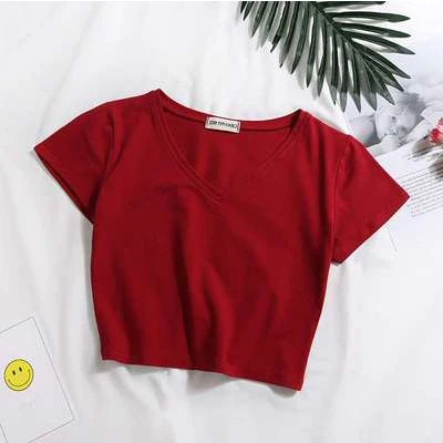 V-Wine red Повседневные однотонные Короткие топы с буквенным принтом, женские модные тонкие футболки с коротким рукавом, летние женские модные простые футболки с графикой, Новинка - Цвет: V-Wine red