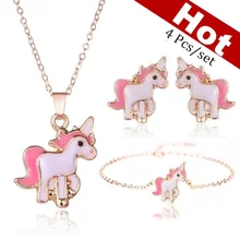4 in 1 Earring and Necklace Set Cartoon Unicorn Necklace Earrings Jewelry Pink Girls Xmas Jewelry Gift