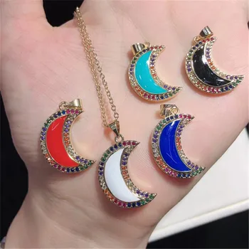 

10pcs/lot Wholesale Classic Drop Oil Pave Setting Rainbow CZ Moon Pendant Necklace Fashion Jewelry for Girl