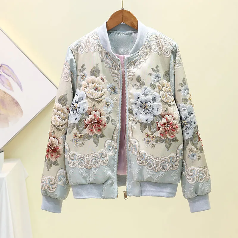 Синий Chaquetas Mujer куртка Женское пальто цветочное жаккардовое Свободное пальто Женская куртка-бомбер уличная Куртка Jaqueta джинсы пальто со стразами - Цвет: Синий