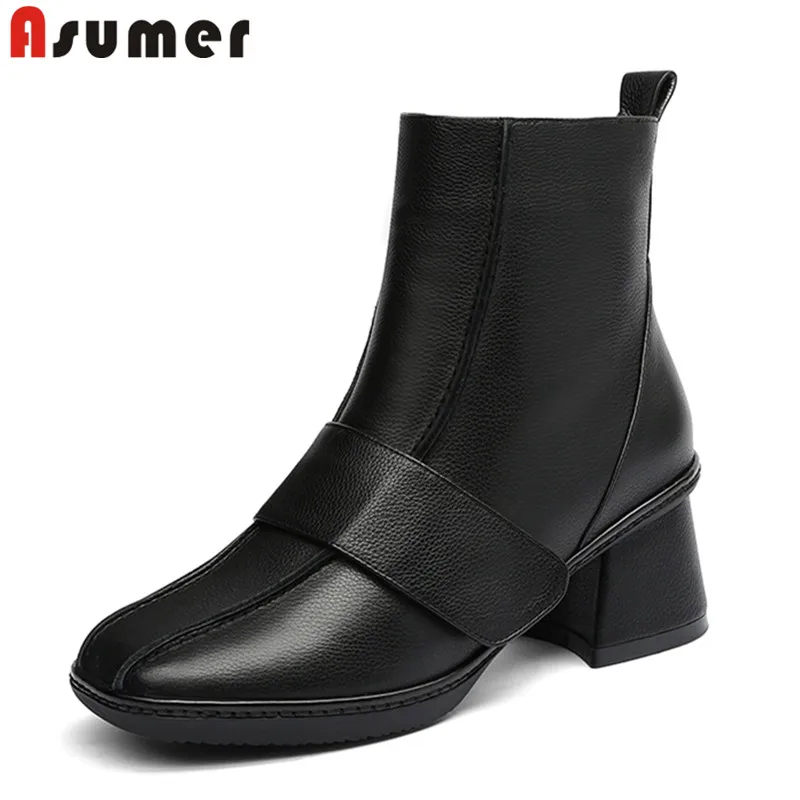 

ASUMER big size 34-43 fahsion ankle boots for women square toe genuine leather boots thick high heels shoes women boots 2020