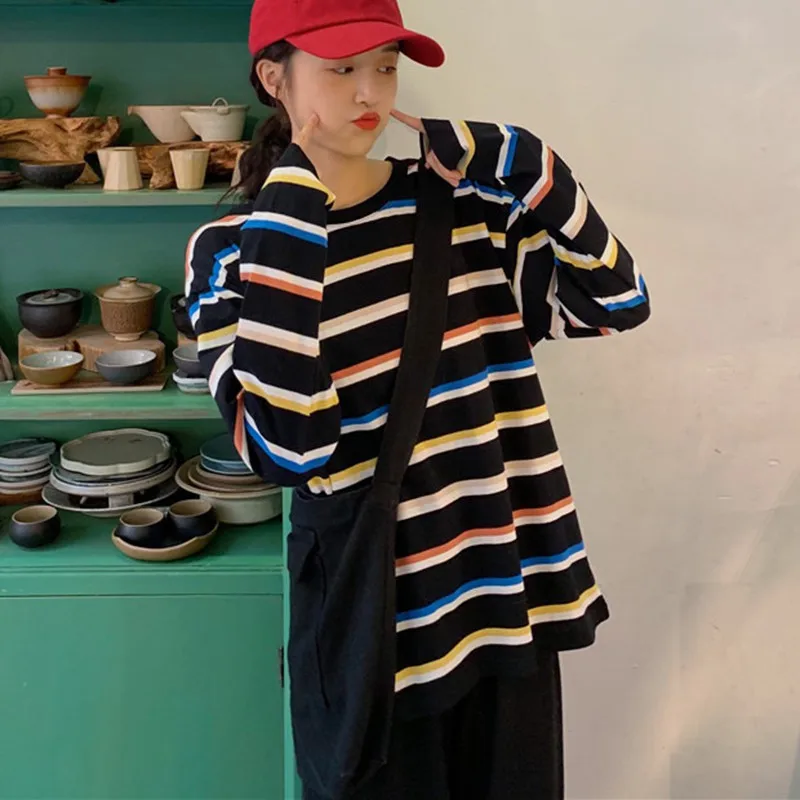 Осенняя Женская Корейская Радужная полосатая футболка негабаритная с длинными рукавами Эстетическая Готическая футболка с круглым вырезом странные вещи