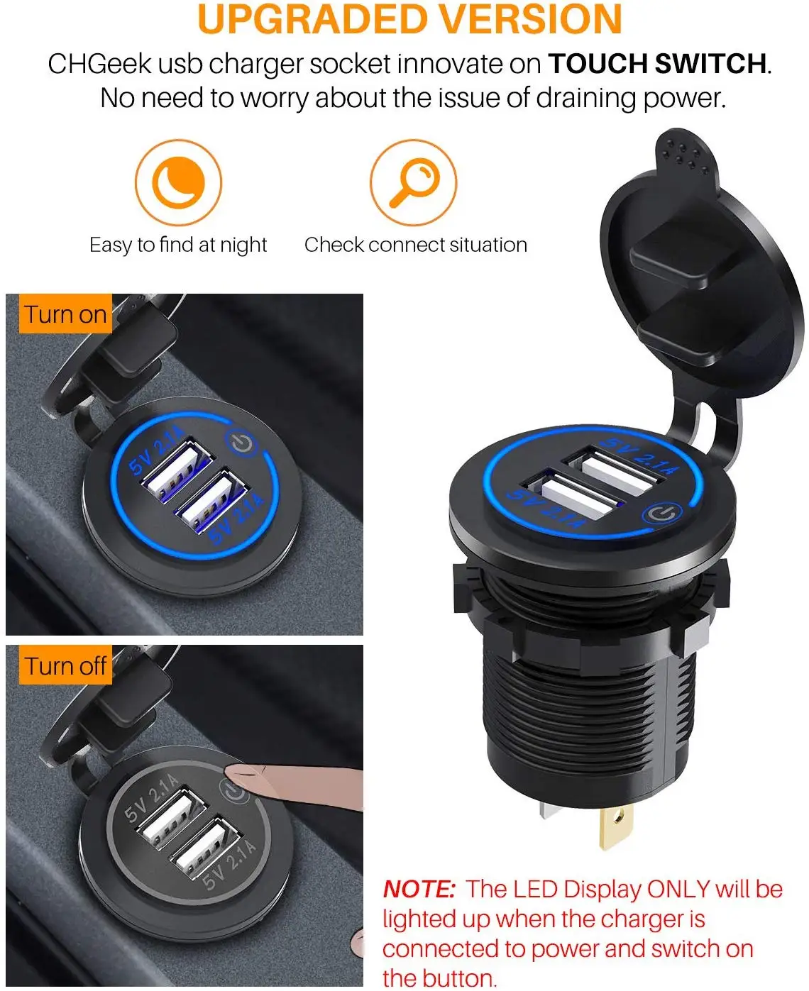 Presa USB Auto 12V Con 3 Porte (2 QC3.0 + 1 PD), In Lega Di Alluminio, Impermeabile, Con Voltmetro E Interruttore, Per Auto, Camper, Barca, Moto - 3