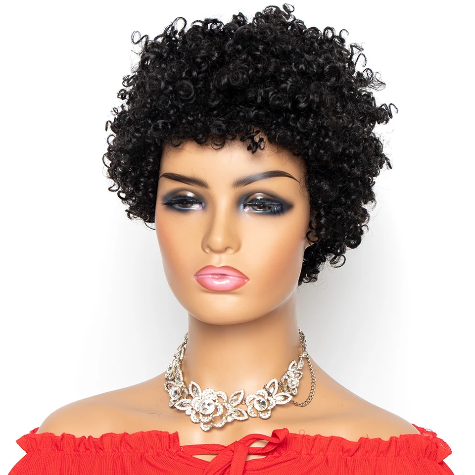 Short Kinky Curly Wig Brazilian Remy Human Hair Wigs Full Machine Made Wig 130% Density For Women Natural Color Yepei Hair
