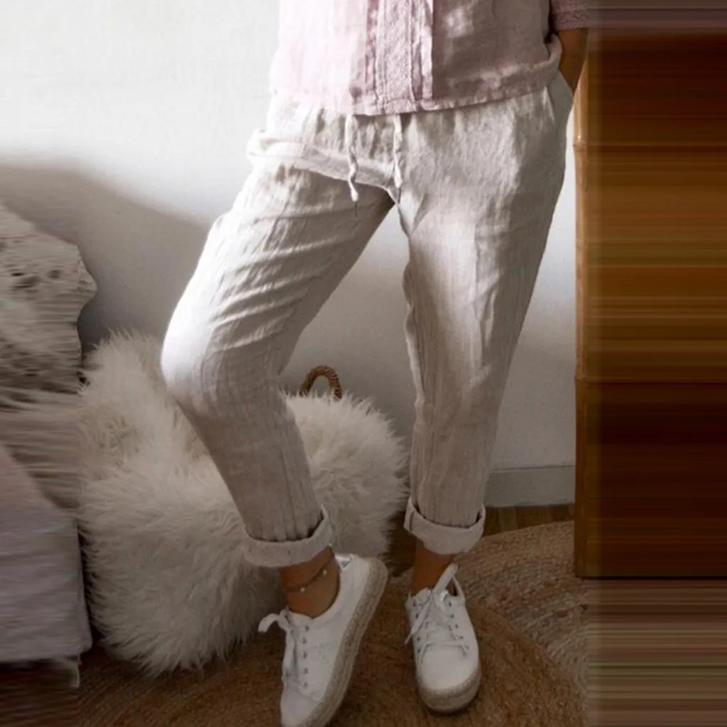 

Ladies Pure Color Bandage Pocket Cotton And Linen Casual Trousers And Pants pantalon mujer pantalon pantalon taille haute femme