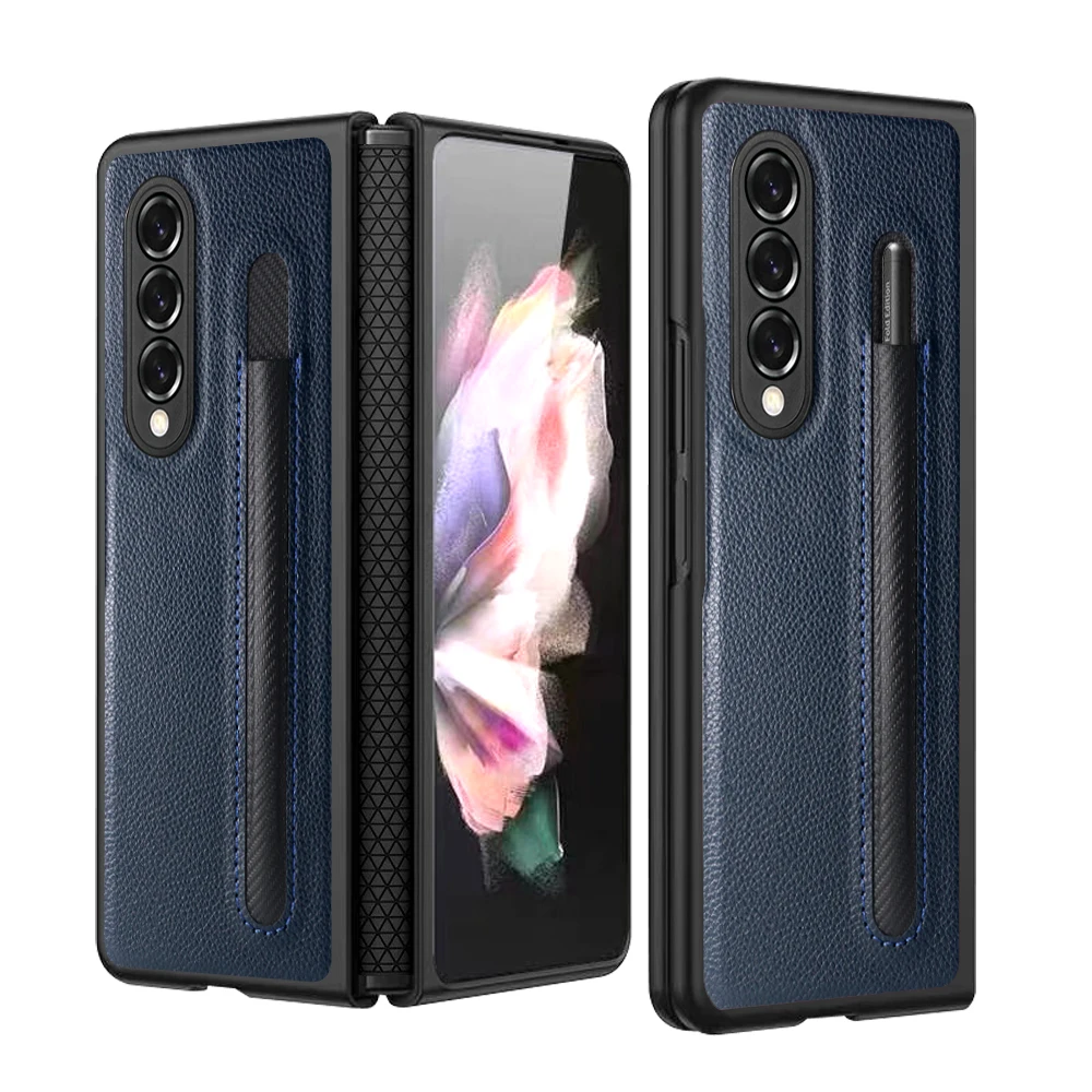 Leather Lychee Pattern With Pen Holde Cover For Samsung Galaxy Z Fold 3 5G Case TPU+PC Shockproof Phone Case Coque Funda No Pen galaxy flip3 case