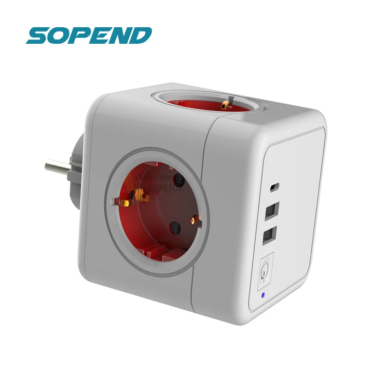 Sopend Power Strip with USB Electric with Switch+Type C Socket Tee Powercube Strips Plug Smart Outlet Extension Adapter European