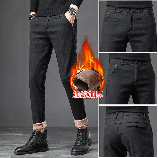 Men's Winter Fleece Fluff Thicken Warm Thick Casual Pants Men Business Slim Elastic Thick Cotton Gray Black Trousers Male 28-38 6