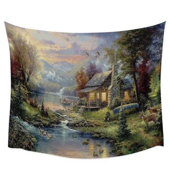 

Scenic House Deer Forest Woods Stream Wall Tapestry Cover Beach Towel Picnic Yoga Mat Home Decoration