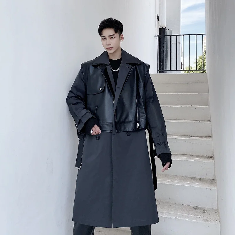 Мужской комплект из 2 предметов длинное пальто + кожаный жилет уличная одежда Тренч в стиле хип хоп мужской