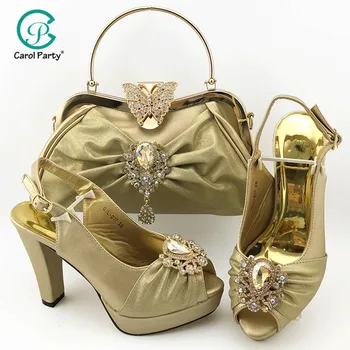 

gold Color Mature Style Nigerian Women Shoes and Bag to Match Slingback Sandals with Shinning Crystal for Wedding Party