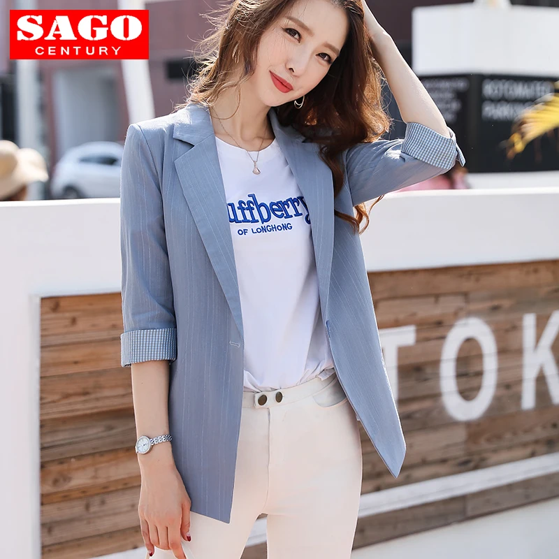 

Women Three Quarter Sleeve Blazer Casual Jacket Formal Office Lady Striped After Work Turn Back Cuff Flat Collar Elegant Fashion